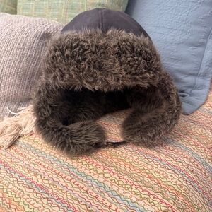 Eddie Bauer Black Trapper Hat faux fur L/XL snap closure Down insulated